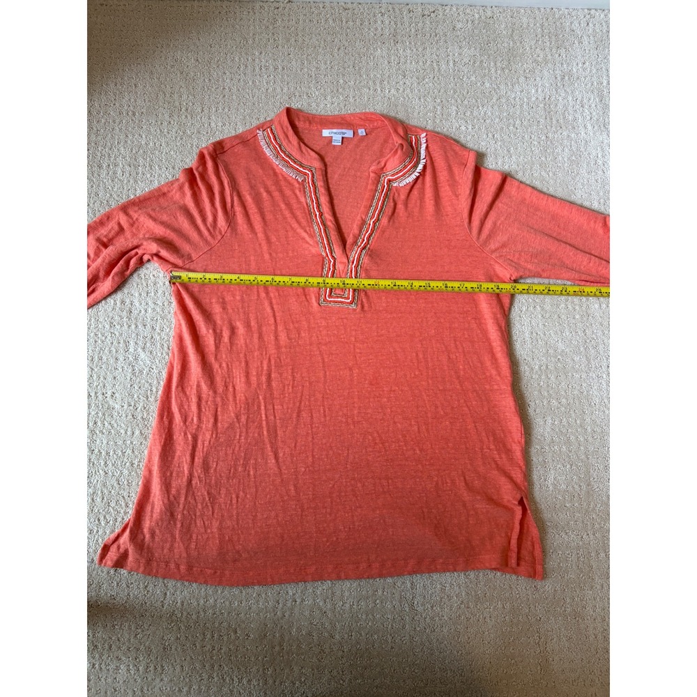 Beaded Split Neck Tunic Top Size 2 L Orange Linen Chico's Boho Grandmacore